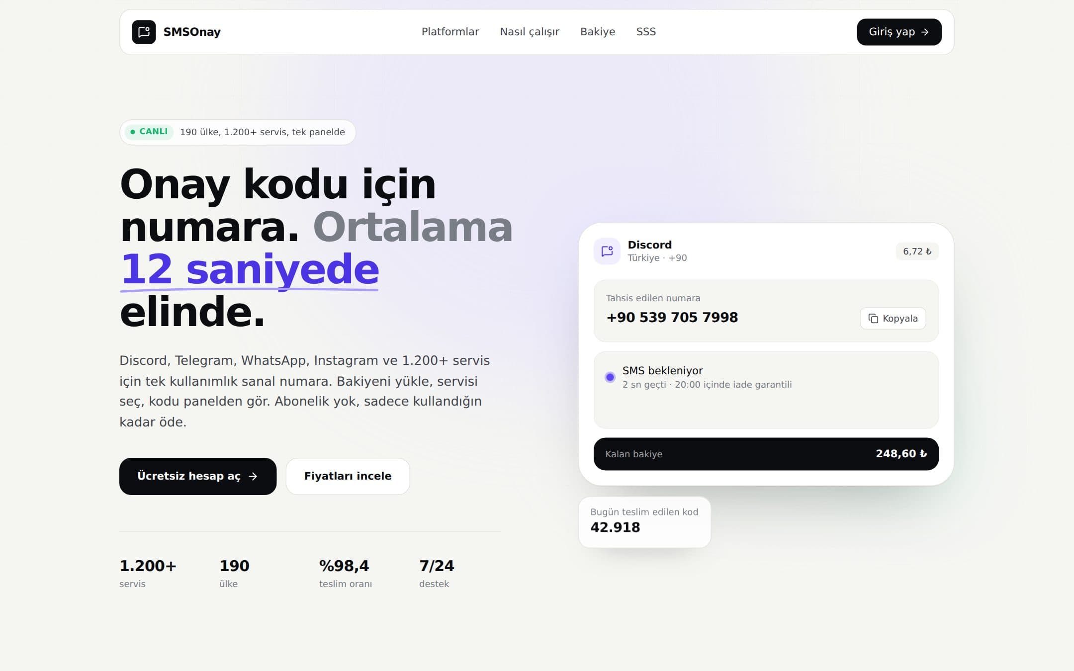 SMS onay scripti ana sayfası: canlı numara kartı, teslim edilen kod sayacı ve servis istatistikleri