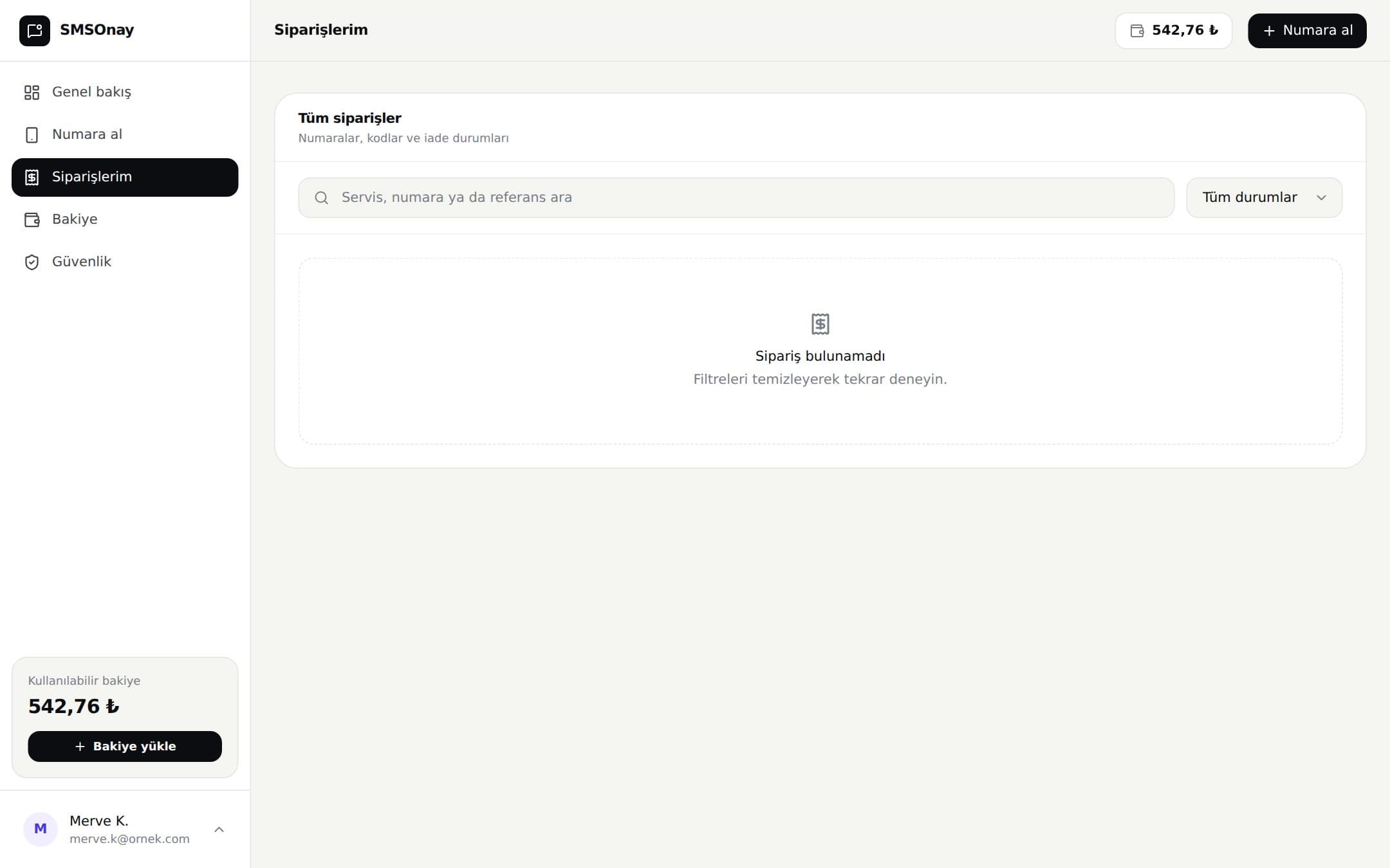 SMS onay scripti siparişlerim ekranı: sipariş geçmişi, kod durumu ve otomatik iade edilen tutarlar