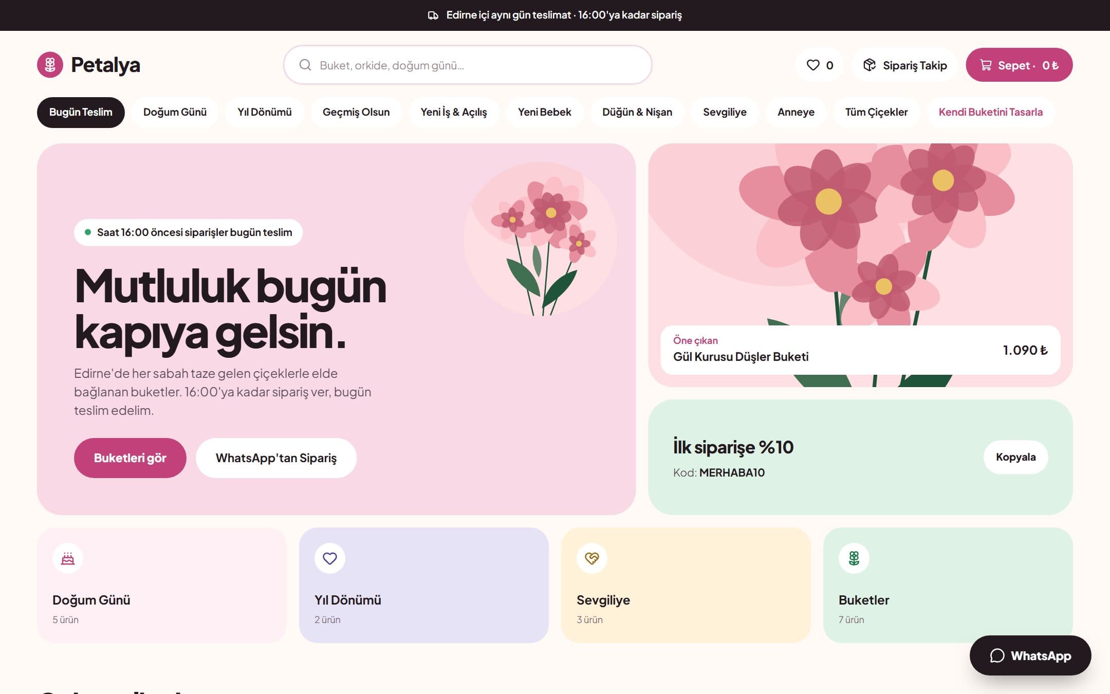 Çiçekçi scripti ana sayfası: aynı gün teslimat şeridi, öne çıkan buket, indirim kuponu ve özel gün kategorileri