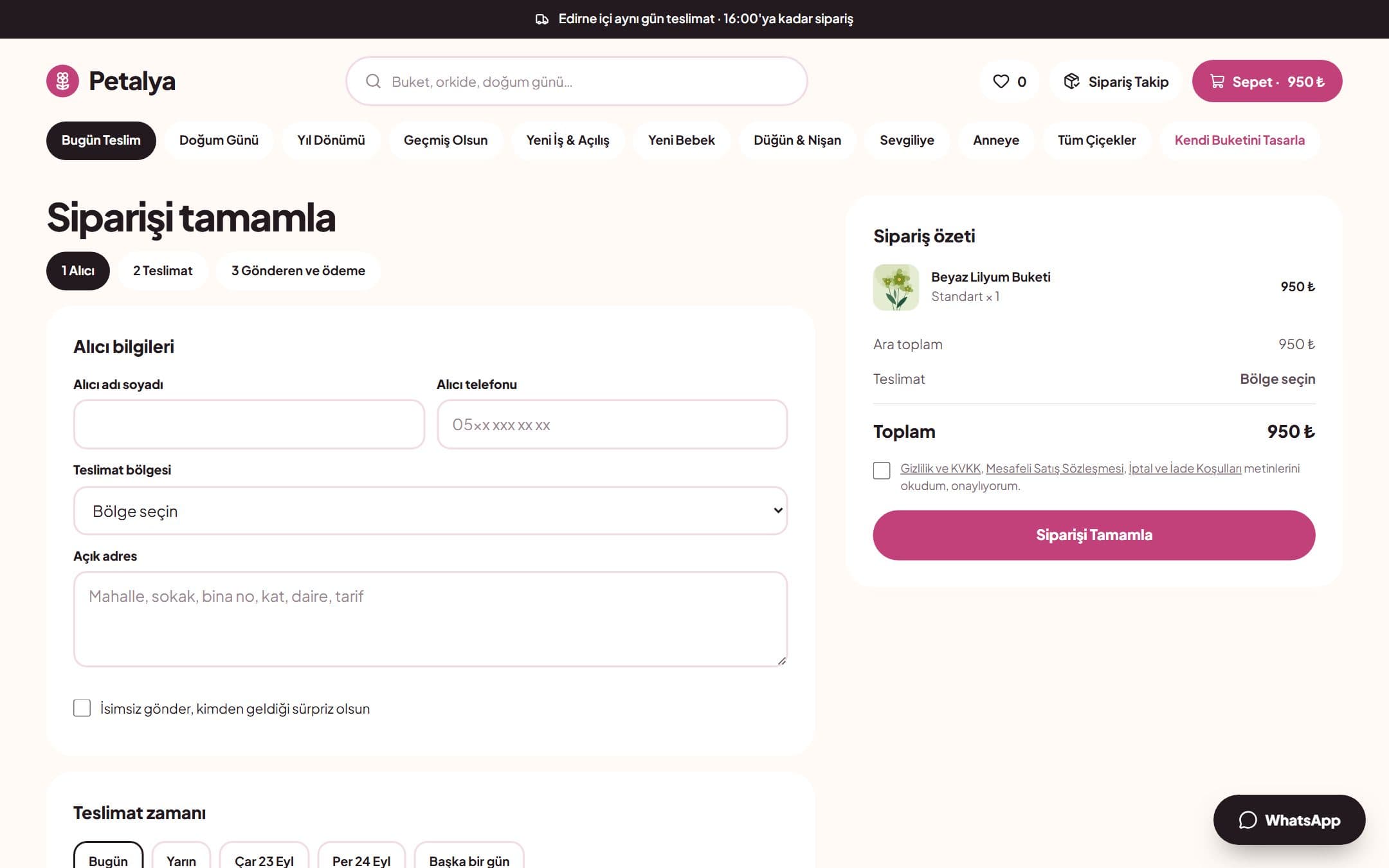 Çiçekçi scriptinde sipariş formu: alıcı bilgileri, teslimat bölgesi, teslimat günü ve saat aralığı, kart mesajı