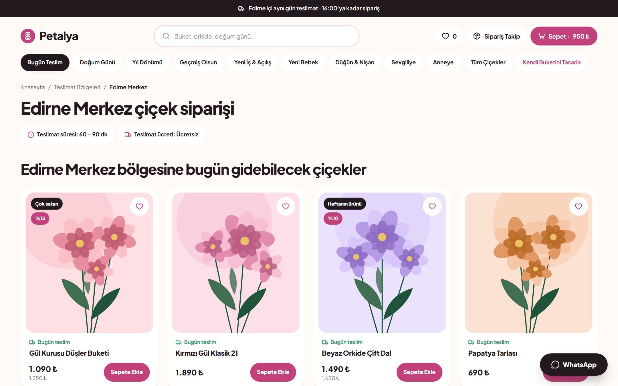 Çiçekçi scriptinde teslimat bölgesi sayfası: bölgeye özel teslimat süresi, ücreti ve aynı gün gönderilebilecek çiçekler