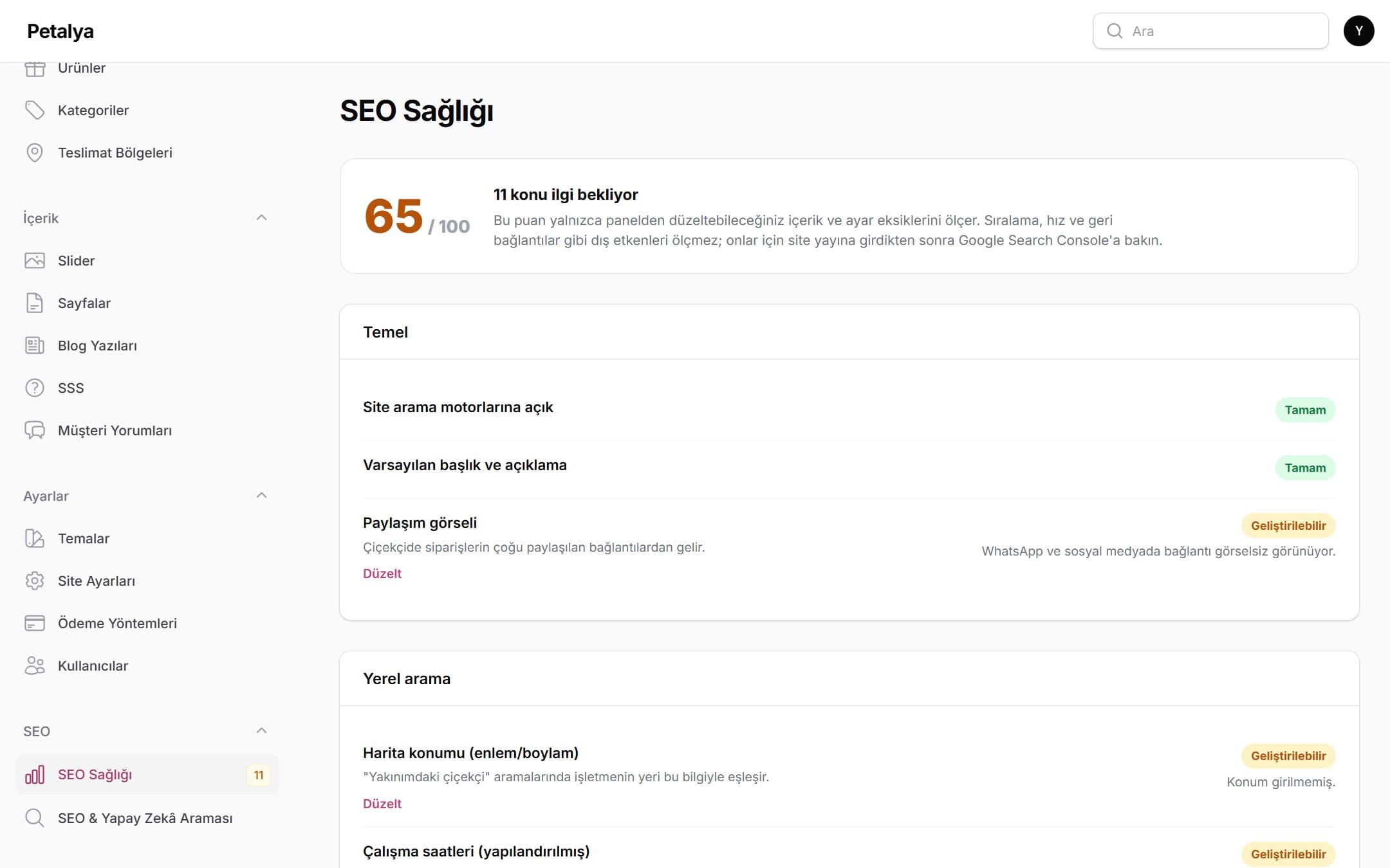 Çiçekçi scriptinde SEO sağlığı ekranı: 100 üzerinden puan ve düzeltilecek eksikler